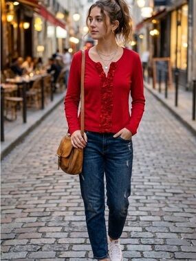 Rafaella Red Ruffle-Front Long Sleeve Top